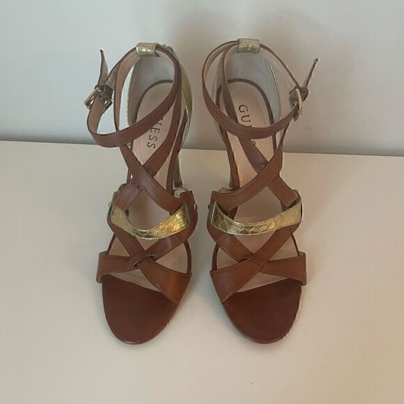 GUESS Brown Gold Snake Skin Strappy Buckle Sandals Heels Size 9.5 Shoes - Picture 3 of 14